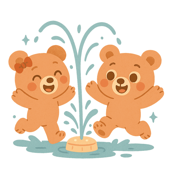 Two bears playing in the park fountain sprinklers